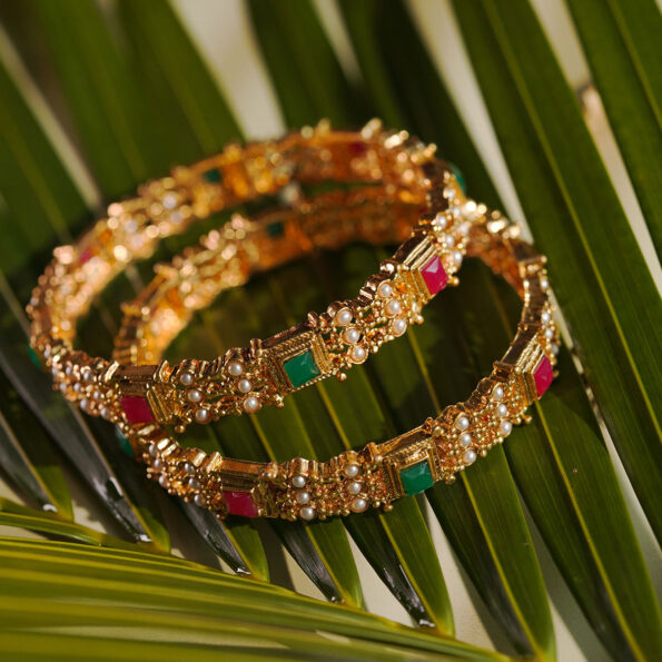 Attractive Three Layer Antique Bangles with Red And Green Stone