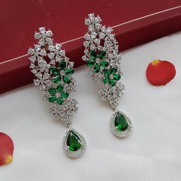 Long Designer Earrings with Green Stones