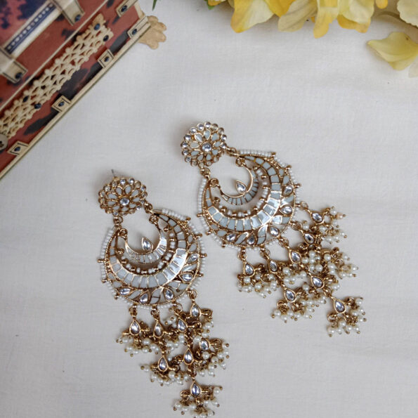 Long Chandbali Kundan Stone Statement Earrings