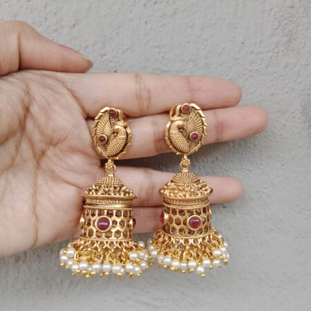 Peacock Earrings with Pearl/Green Bead Drops