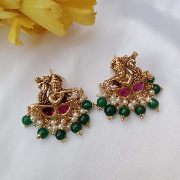 Cute Krishna Earrings with Green Bead Drops