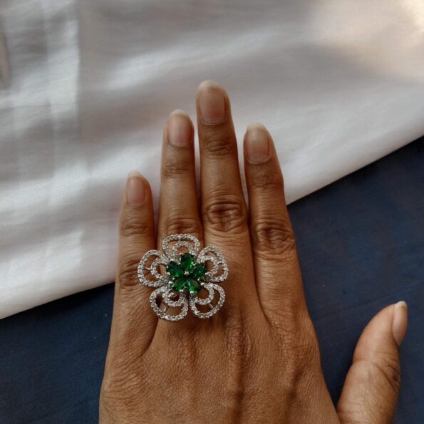 Emeralds and American Diamond Flower Ring (adjustable)