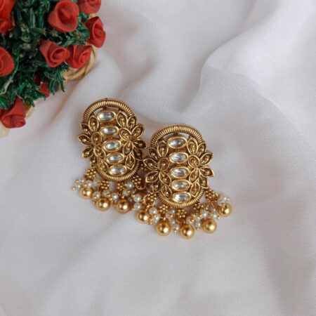 Long Kundan Stone Earrings with Gold Bead Drops