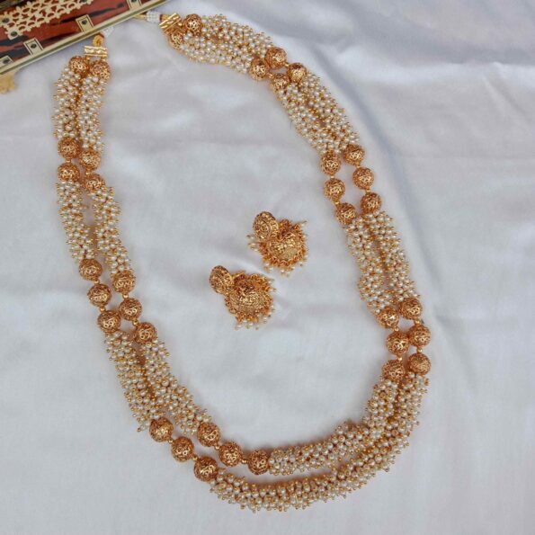 Grand Two Layer Cluster Pearl Necklace Set with Jhumkis