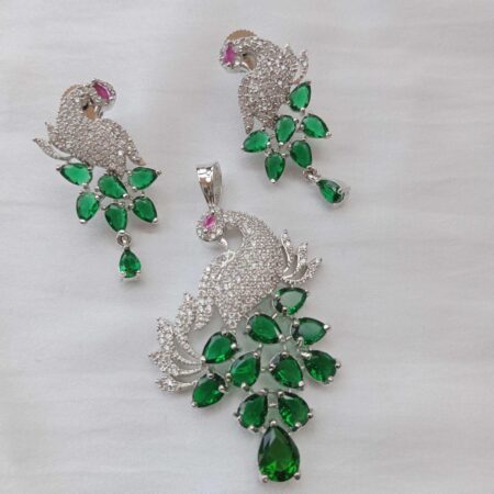 Sparkling AD and Emerald Peacock Pendant Set