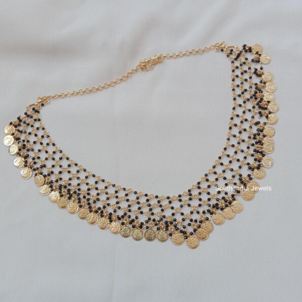 Three Layer Black Beads Chain with Lakshmi Coins Down