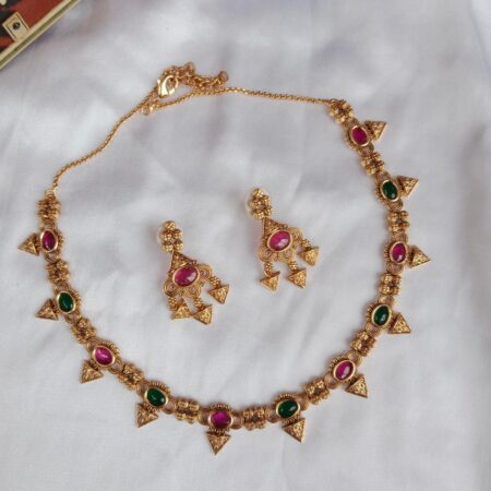 Pretty Kerala Style Antique Neckset with Red and Green Stone
