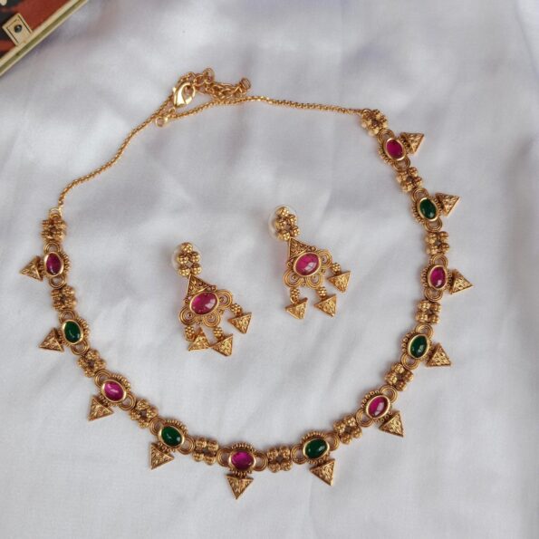 Pretty Kerala Style Antique Neckset with Red and Green Stone