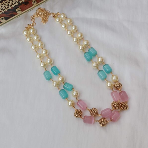 Two layer pink and blue bead with pearl necklace