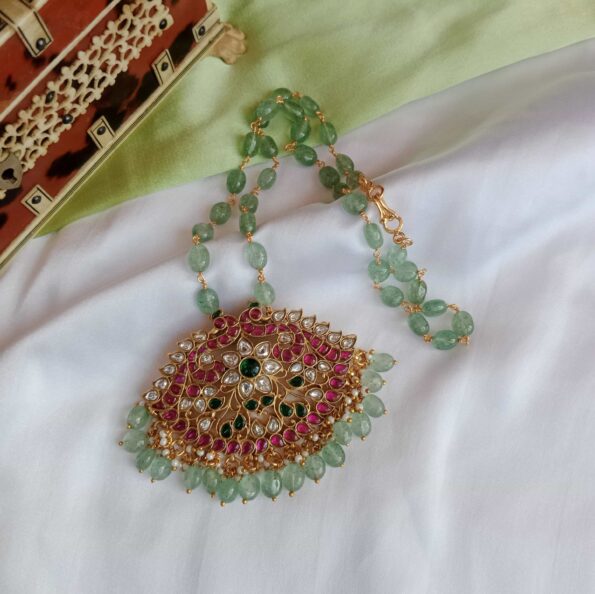 Exquisite Jadau peacock pendant with original Aventurine bead chain