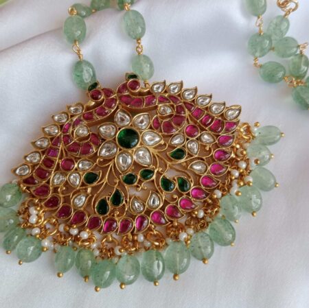 Exquisite Jadau peacock pendant with original Aventurine bead chain