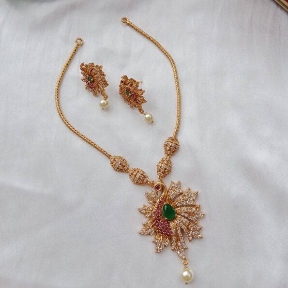 Big Peacock Studded with Rubies and CZ Stones Neckset
