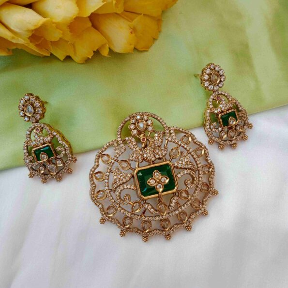 Stylish Victorian Peacock with Green/Pink Stone Pendant Set
