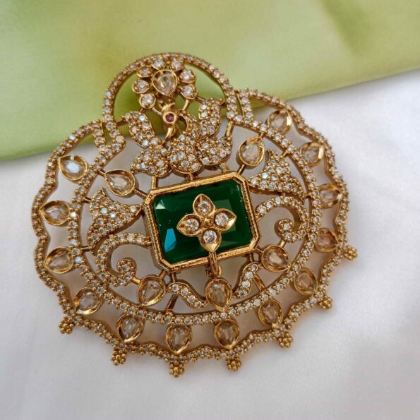 Stylish Victorian Peacock with Green/Pink Stone Pendant Set