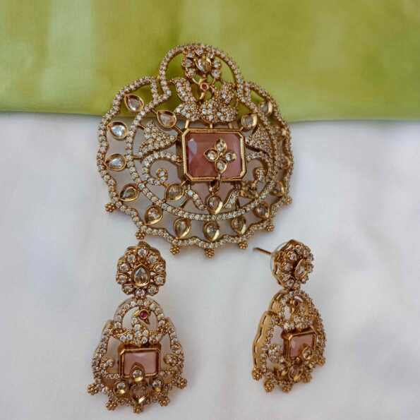 Stylish Victorian Peacock with Green/Pink Stone Pendant Set