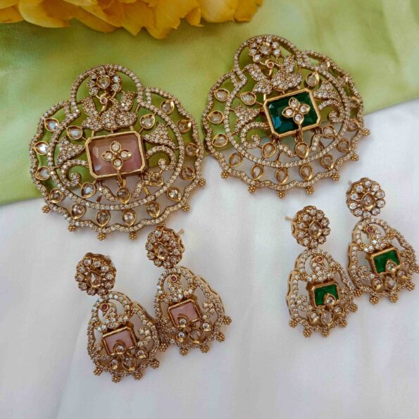 Stylish Victorian Peacock with Green/Pink Stone Pendant Set