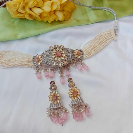Pretty Victorian Choker with Pink Drops and Pearl Chain