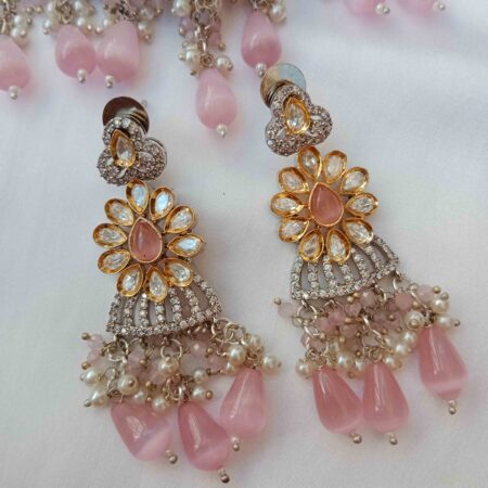 Pretty Victorian Choker with Pink Drops and Pearl Chain
