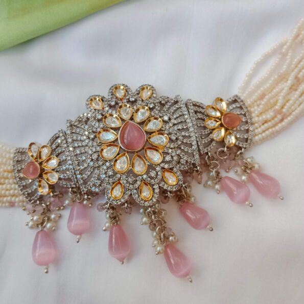 Pretty Victorian Choker with Pink Drops and Pearl Chain