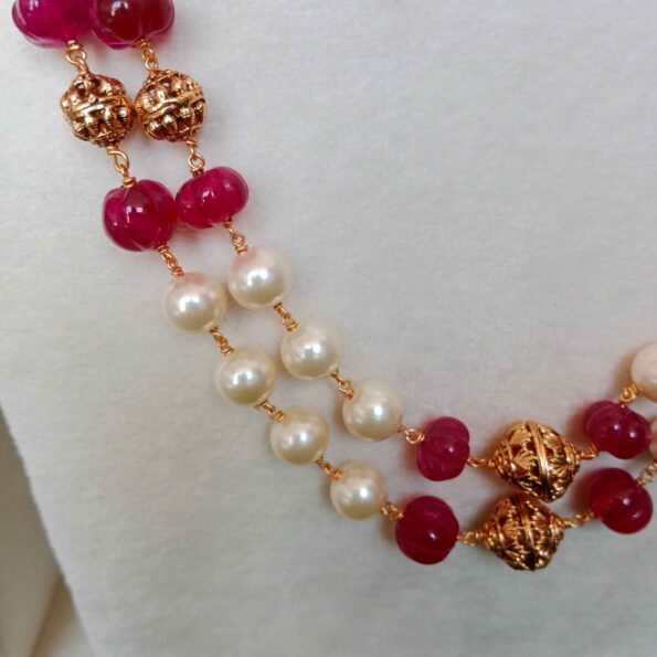 Pretty Two Line Red Pumpkin Bead Pearl Mala