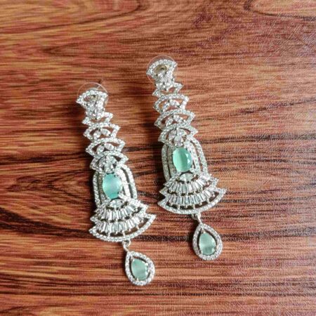 Stylich Long Pastel Green and AD Earrings