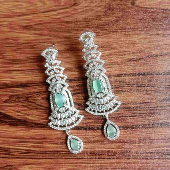 Stylich Long Pastel Green and AD Earrings