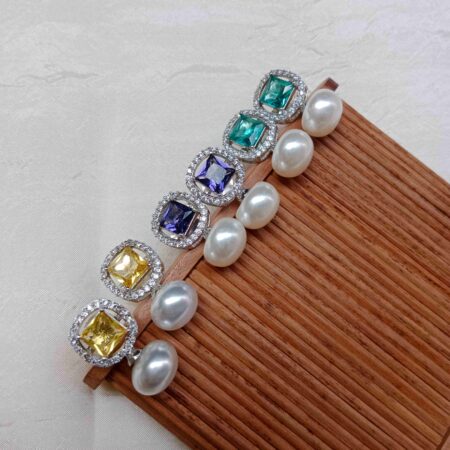 Gem Stone Earrings with Pearl Drop