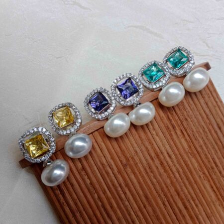 Gem Stone Earrings with Pearl Drop
