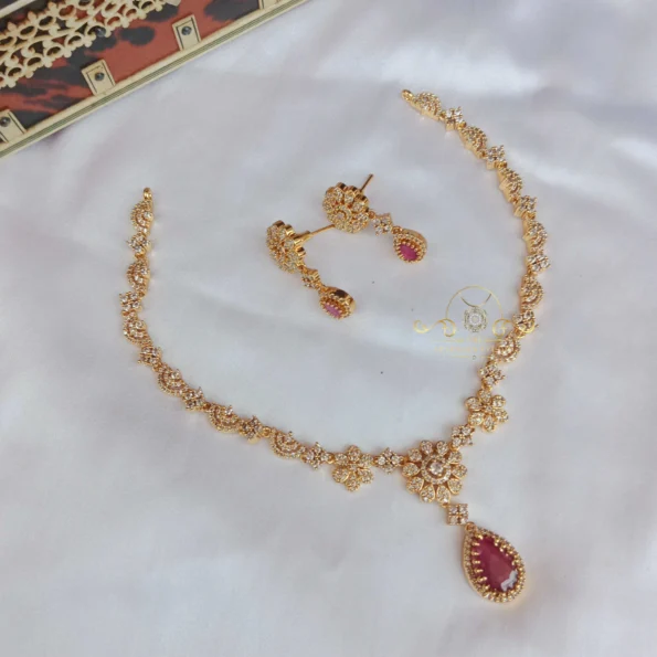 Dazzling Simle AD Neckset with Ruby Pendant