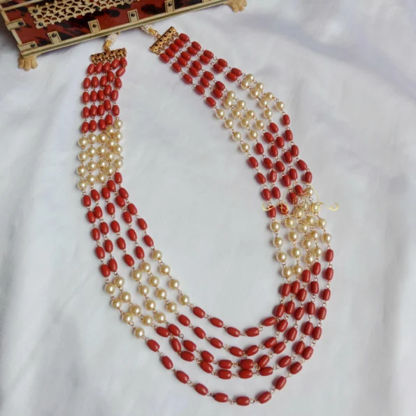 Five Row Coral and Pearl Mala