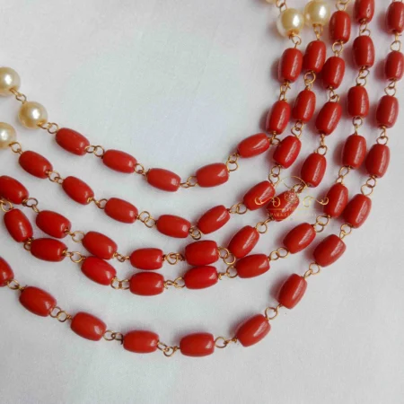 Five Row Coral and Pearl Mala