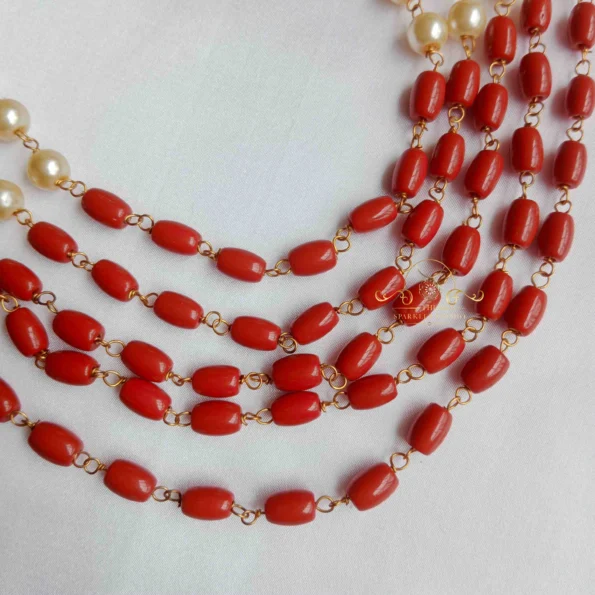 Five Row Coral and Pearl Mala