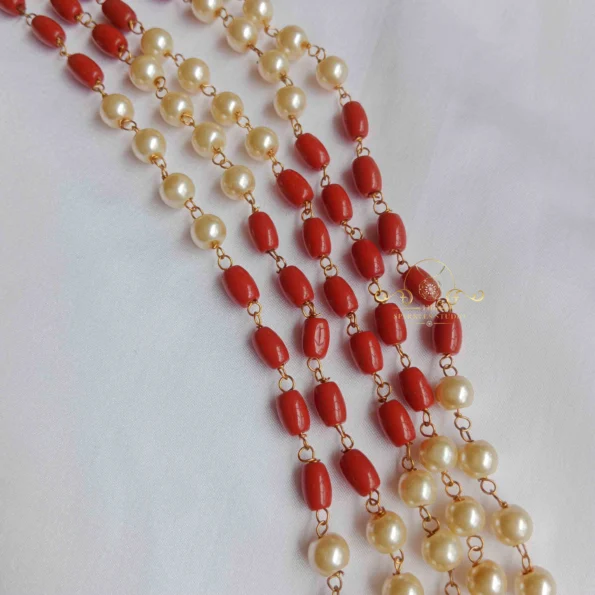 Five Row Coral and Pearl Mala