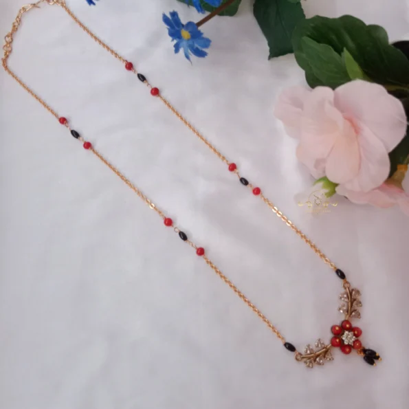 Coral Flower with Black Bead and Gold Chain