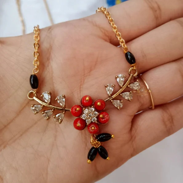 Coral Flower with Black Bead and Gold Chain