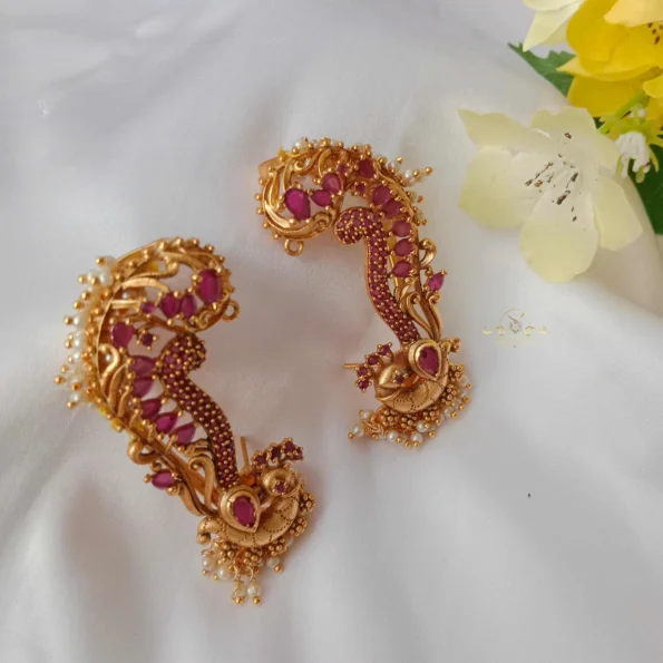 Antique Ruby Peacock Full Ear Earrings