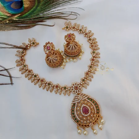 Beautiful Gold and AD Neckset with Pearl Drop Pendant