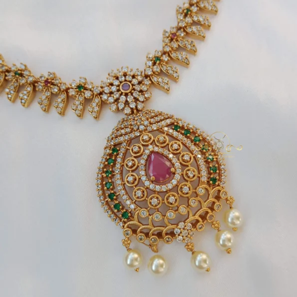Beautiful Gold and AD Neckset with Pearl Drop Pendant