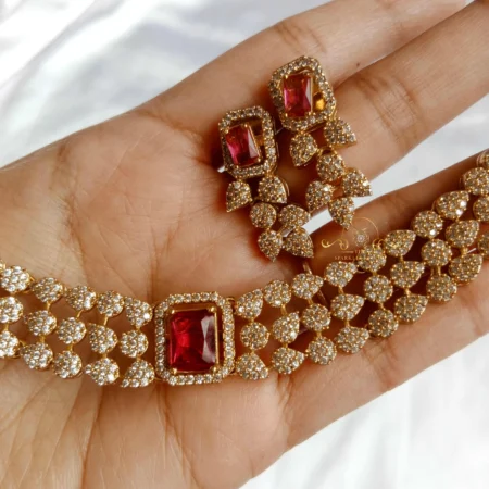 Sparkling Three Layer AD Neckset with Colour Changing Stones