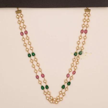 Two Layer Pearl Necklace with Pink Crystals and Green Drop Beads