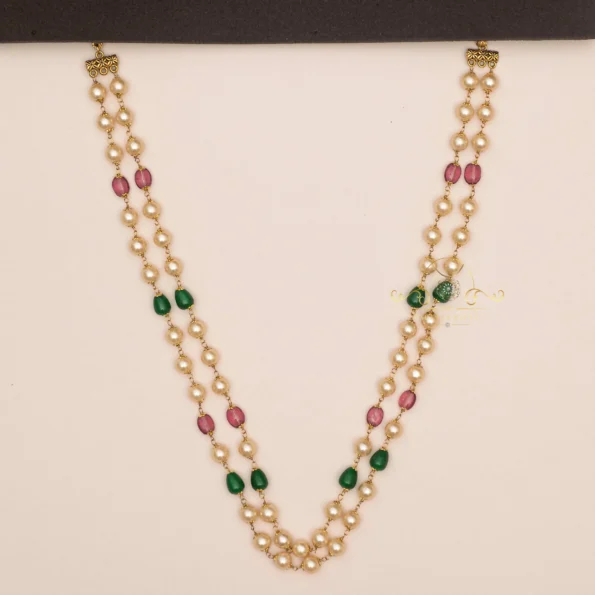 Two Layer Pearl Necklace with Pink Crystals and Green Drop Beads