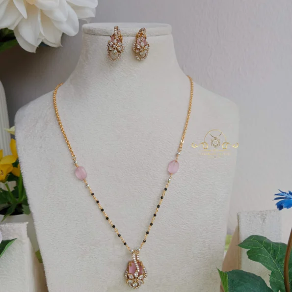 Black Bead Chain with Pink Stone Pendant Set