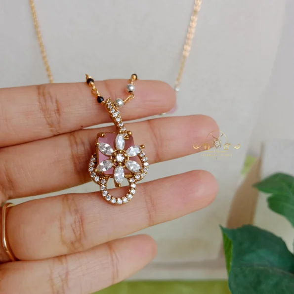 Black Bead Chain with Pink Stone Pendant Set