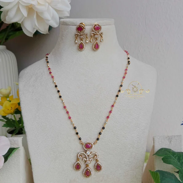 Black Bead Chain with Ruby AD Pendant Pendant Set