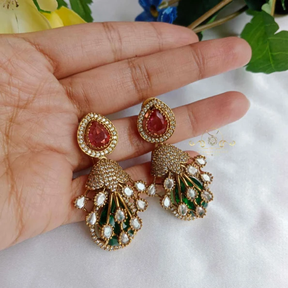 Victorian Green Drop and Red Top Earrings