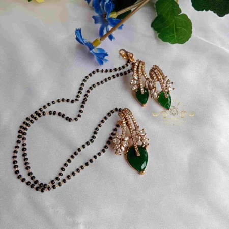 Green Stone Pendant Set in Black Bead Chain