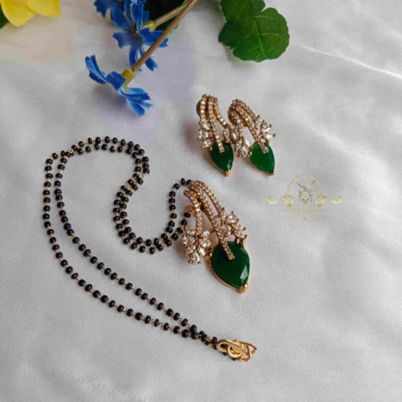 Green Stone Pendant Set in Black Bead Chain