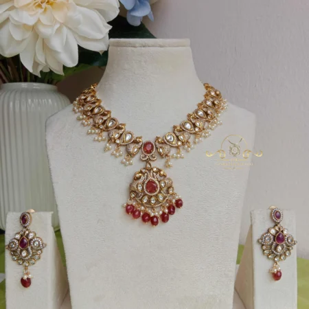 Victorian Necklace with Peacock and Red Beads