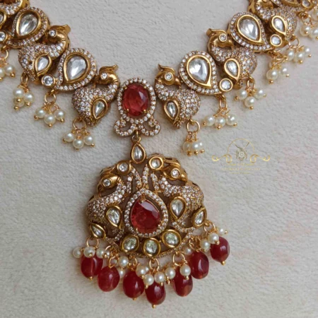 Victorian Necklace with Peacock and Red Beads