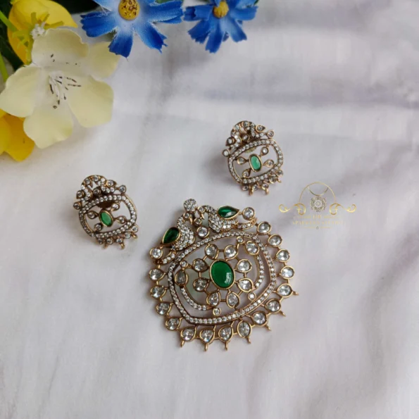 Green Stone and Peacock Victorian Pendant Set